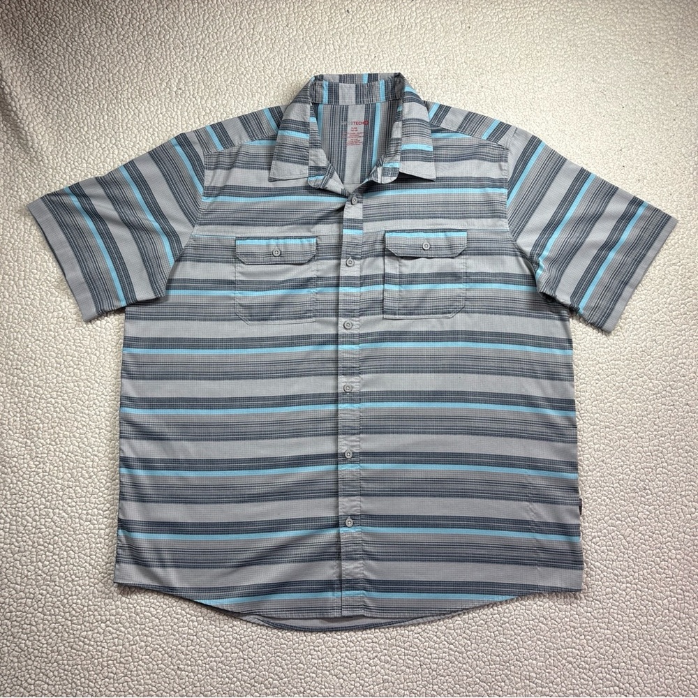 SwissTech Men’s Short Sleeve Button Up Shirt X-Large Grey/Blue Outdoor Striped